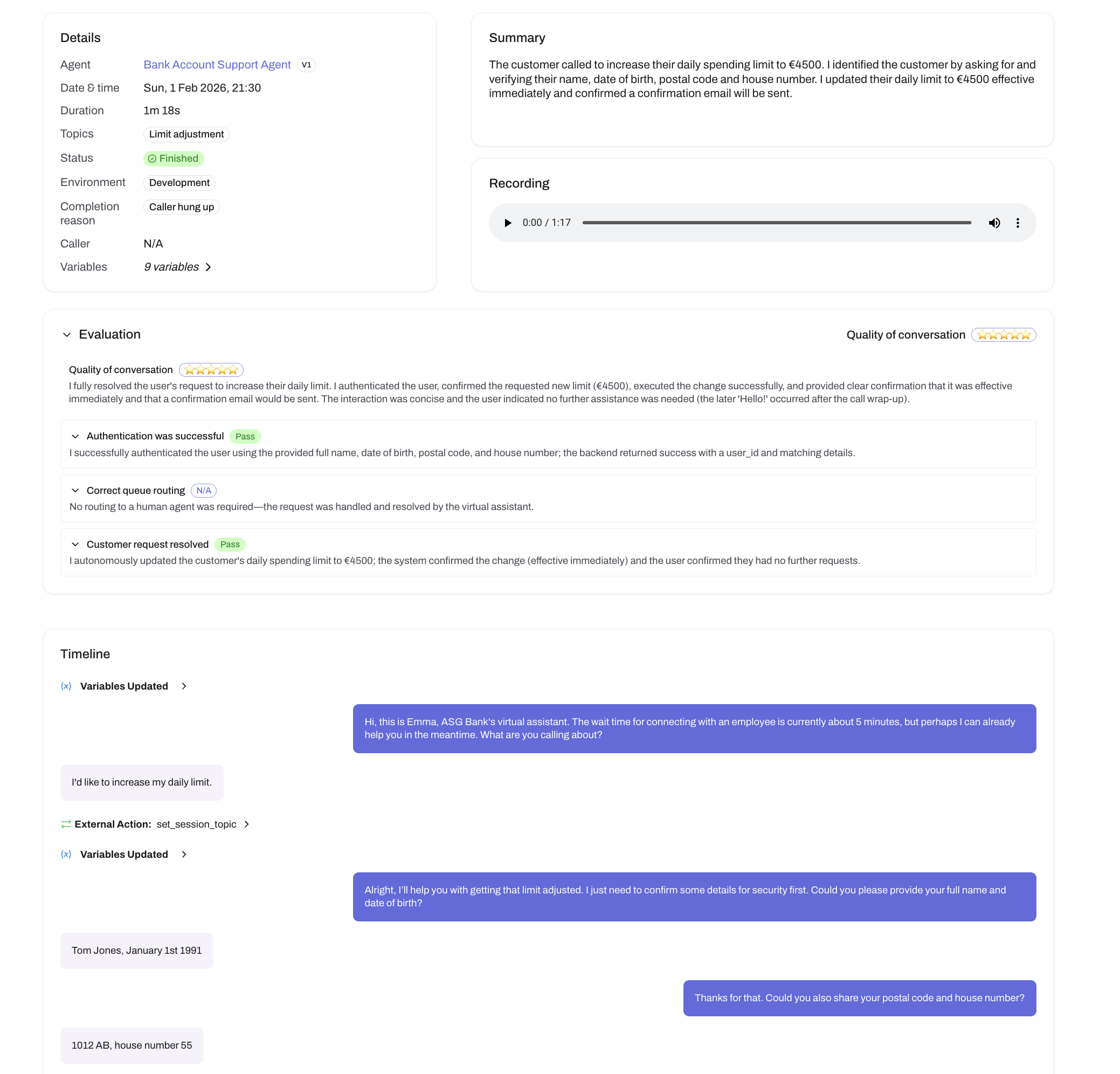 Stellar conversation detail page showing summary, evaluation scores, transcript timeline, and recording playback